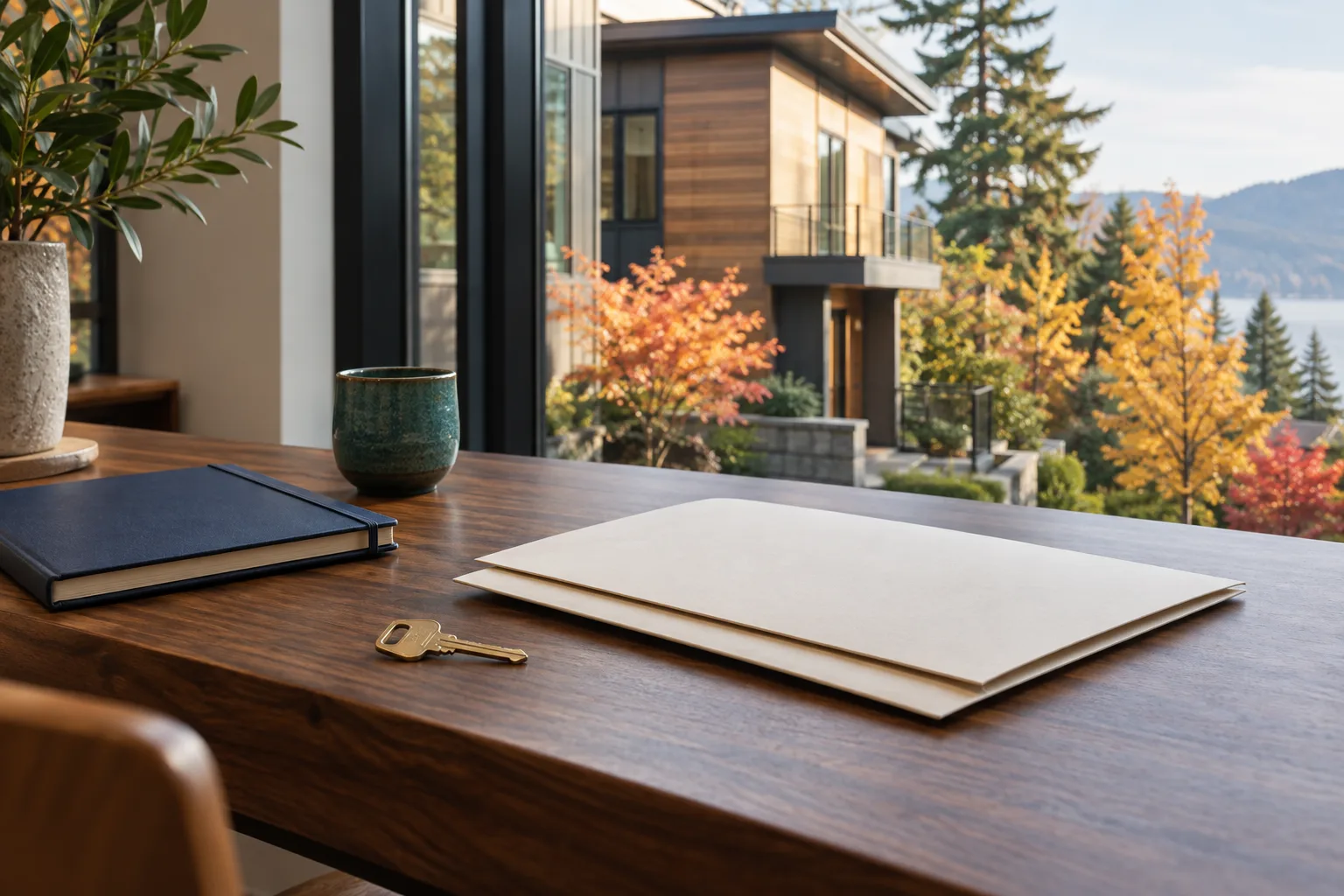 AI-generated illustrative closing-preparation desk overlooking a Northwest townhouse; not an actual Pillar office or funded property