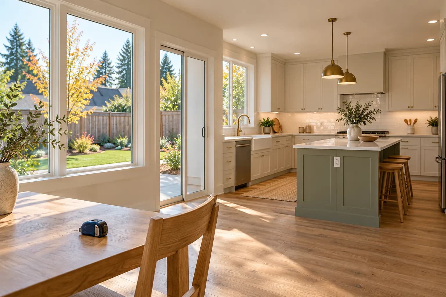 AI-generated illustration of a finished kitchen and dining nook overlooking an autumn backyard; not an actual Pillar-funded property