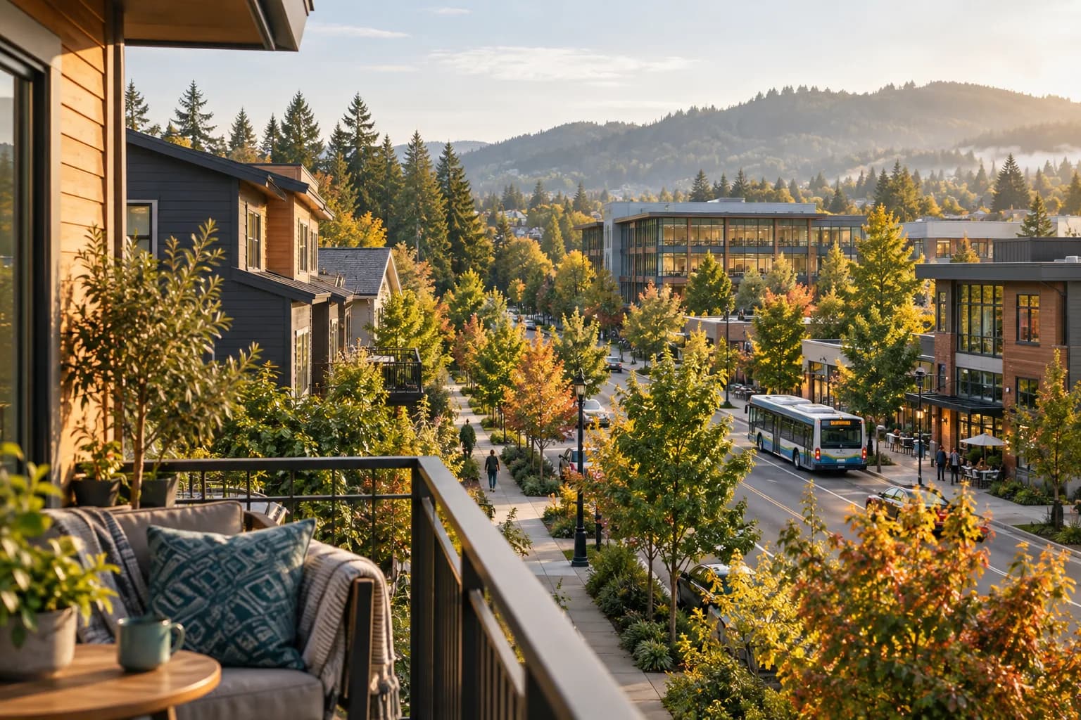 AI-generated illustration of rental townhomes, nearby offices and a bus in an autumn neighborhood; not an actual Pillar-funded property