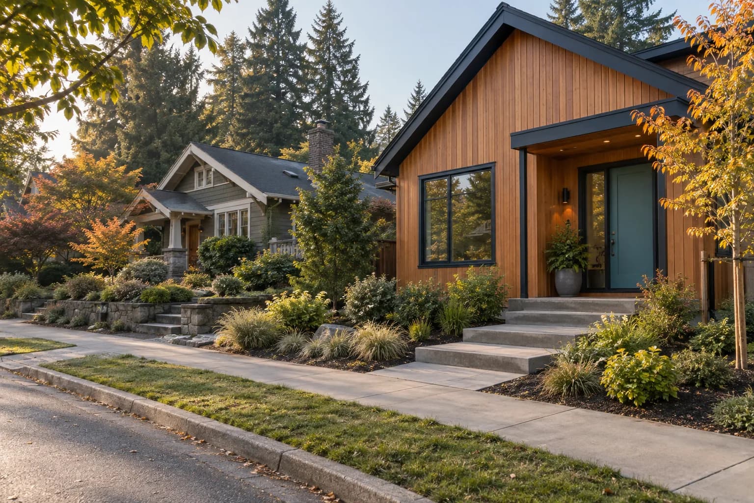 AI-generated illustration of a contemporary cedar home beside an established craftsman cottage; not actual Pillar-funded properties