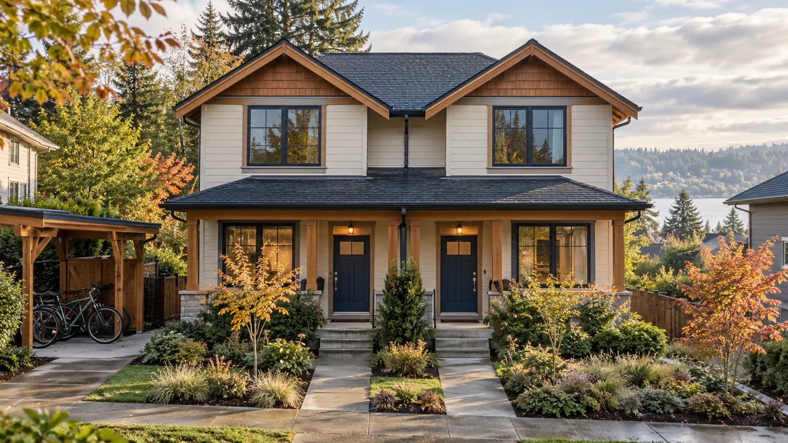 AI-generated illustration of a Northwest duplex with two navy entry doors and autumn gardens; not an actual Pillar-funded property