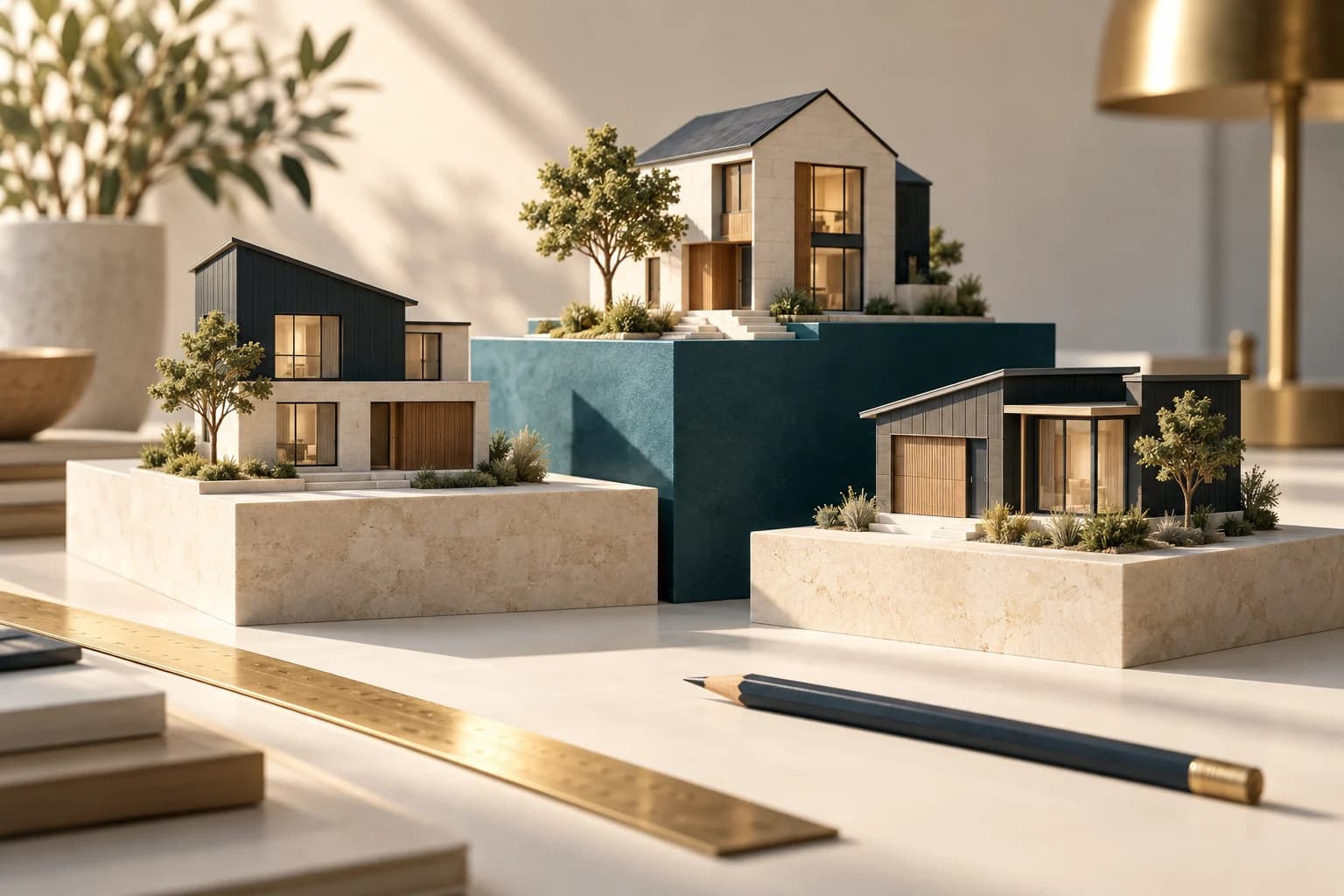 Editorial illustration of three architectural house models on limestone and teal platforms