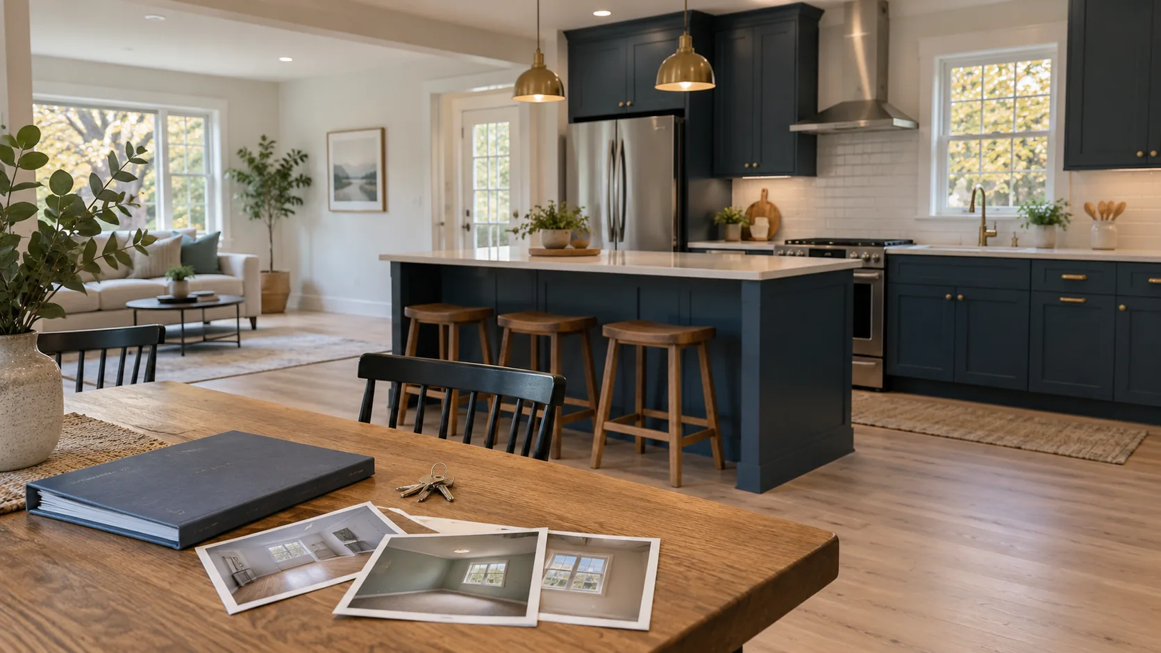 AI-generated illustration of a project binder, room photographs and keys in a fictional renovated rental kitchen; not an actual Pillar client or funded property