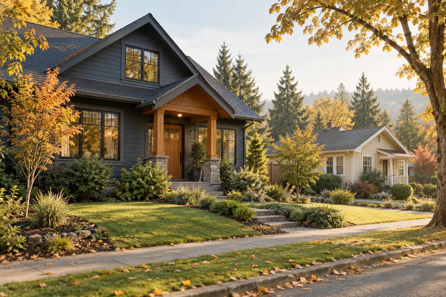 AI-generated illustration of two different Northwest rental-home styles in an autumn neighborhood; not actual Pillar-funded properties