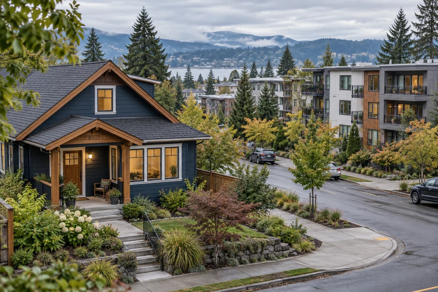 AI-generated illustrative Northwest cottage near contemporary apartments; fictional properties, not actual Pillar-funded deals