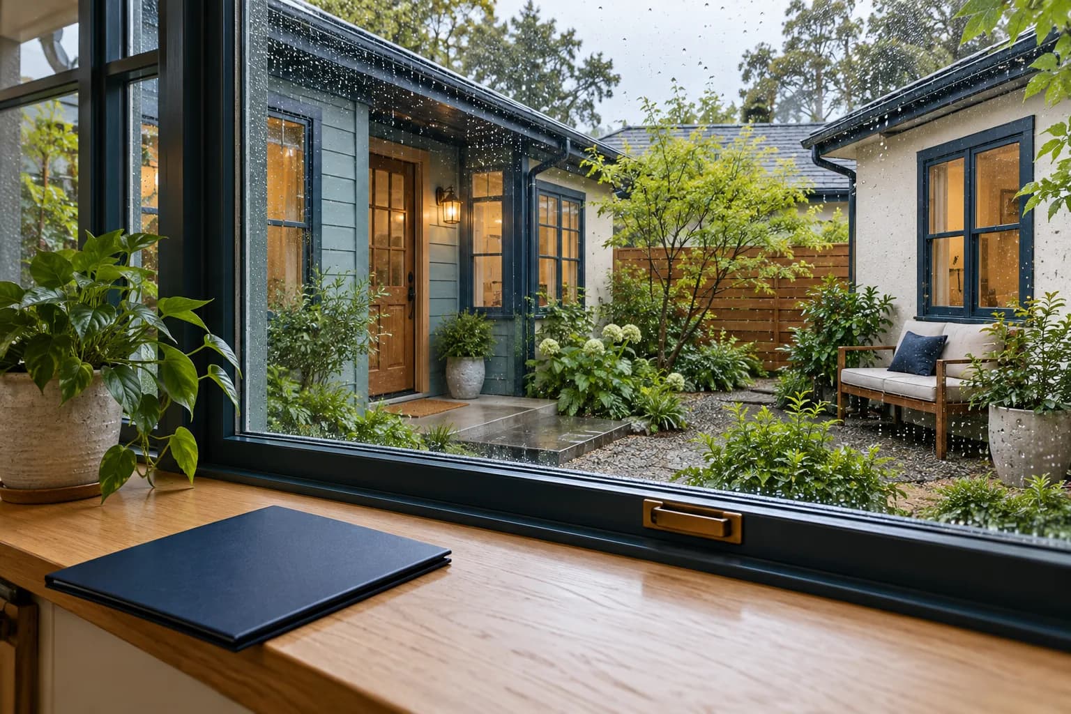 AI-generated illustration of a rain-speckled window overlooking a rental courtyard, with an unmarked folder on the sill; not an actual Pillar-funded property