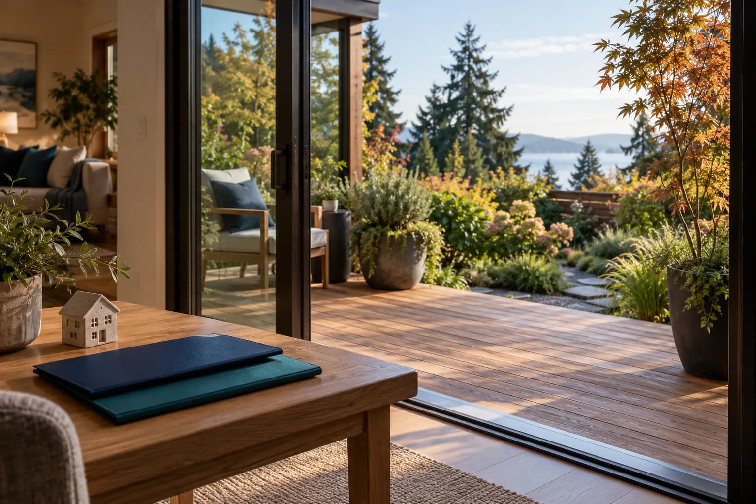 AI-generated illustration of navy and teal folders beside a model house, overlooking an autumn rental-home deck; not an actual Pillar property