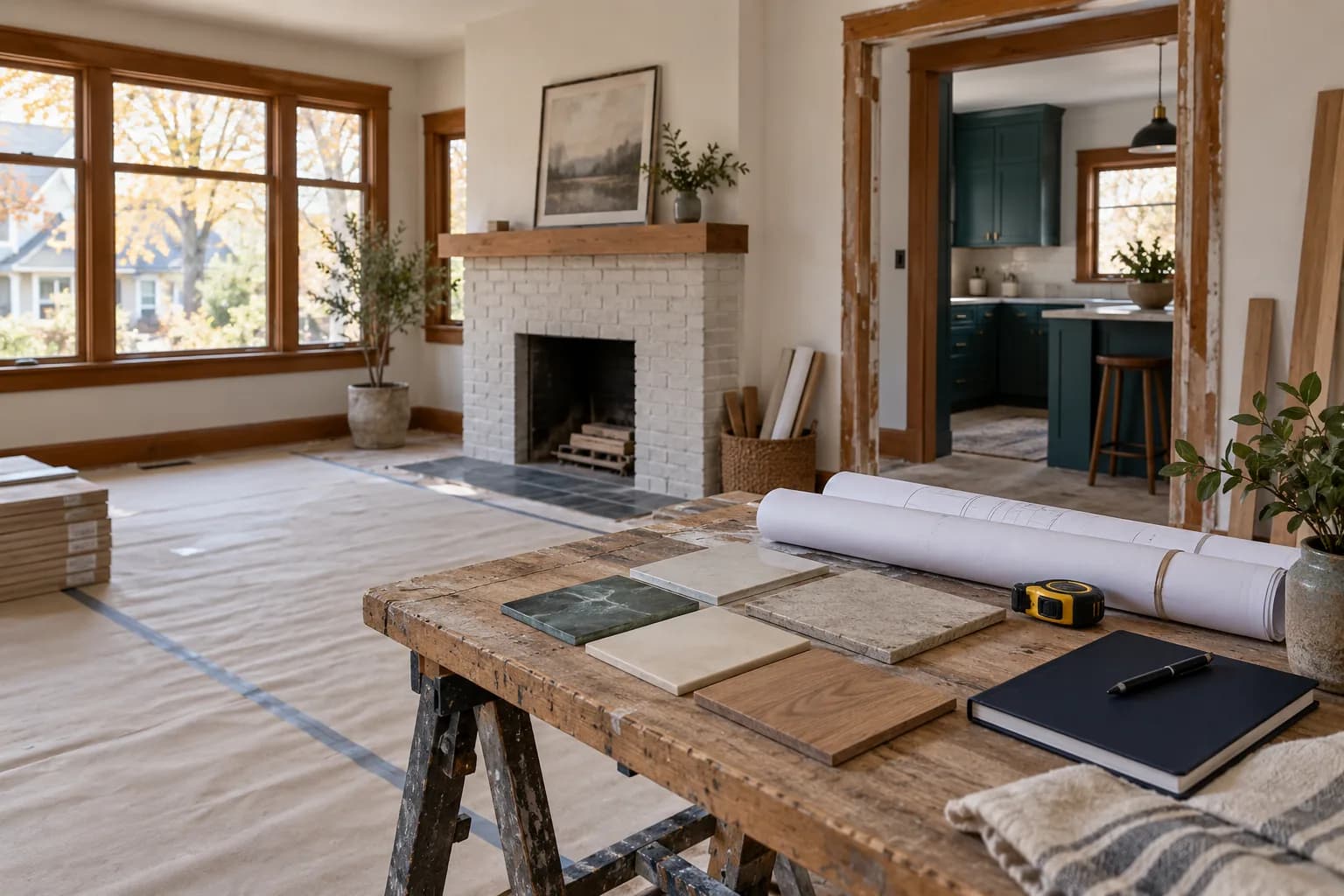 AI-generated illustrative bungalow renovation with material samples and blank plans on a workbench; not an actual Pillar-funded project