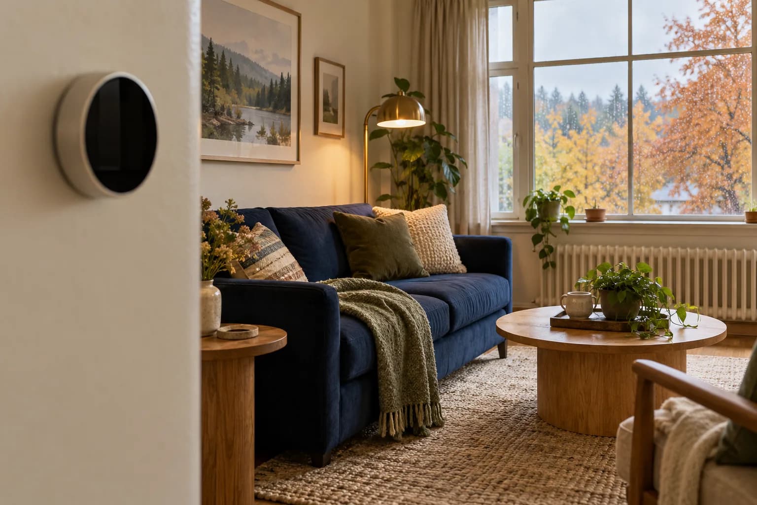 AI-generated illustration of a thermostat beside a cozy rental living room with autumn trees outside; not an actual Pillar-funded property