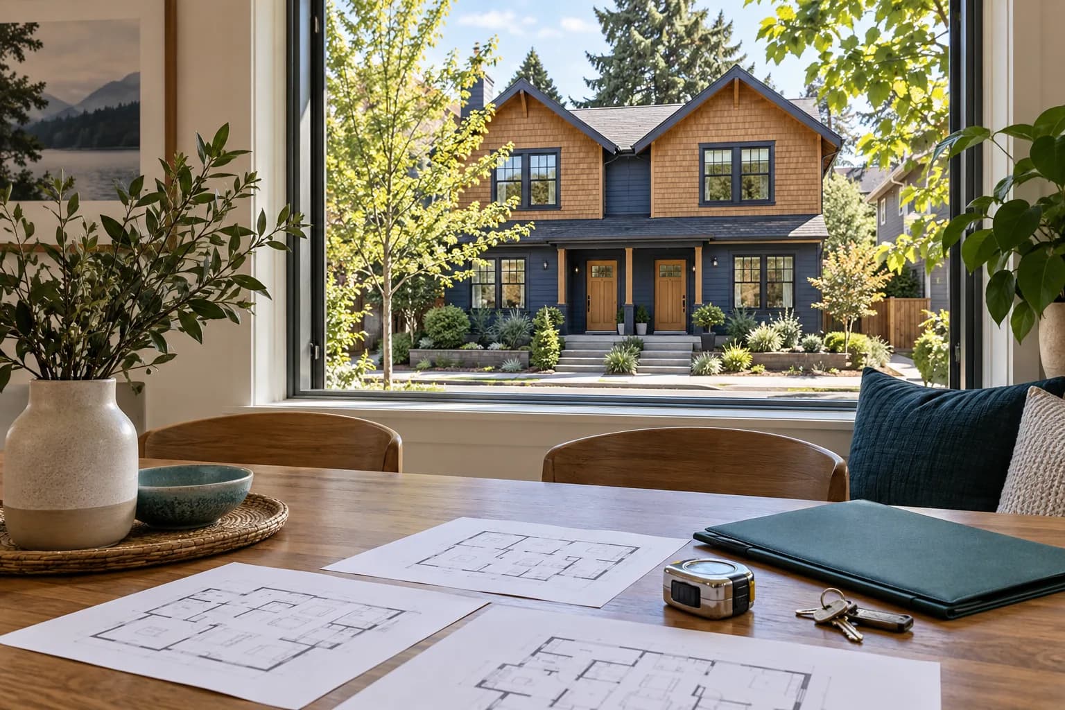 AI-generated illustration of property plans and keys beside a window overlooking a fictional Northwest duplex; not an actual Pillar office or funded property