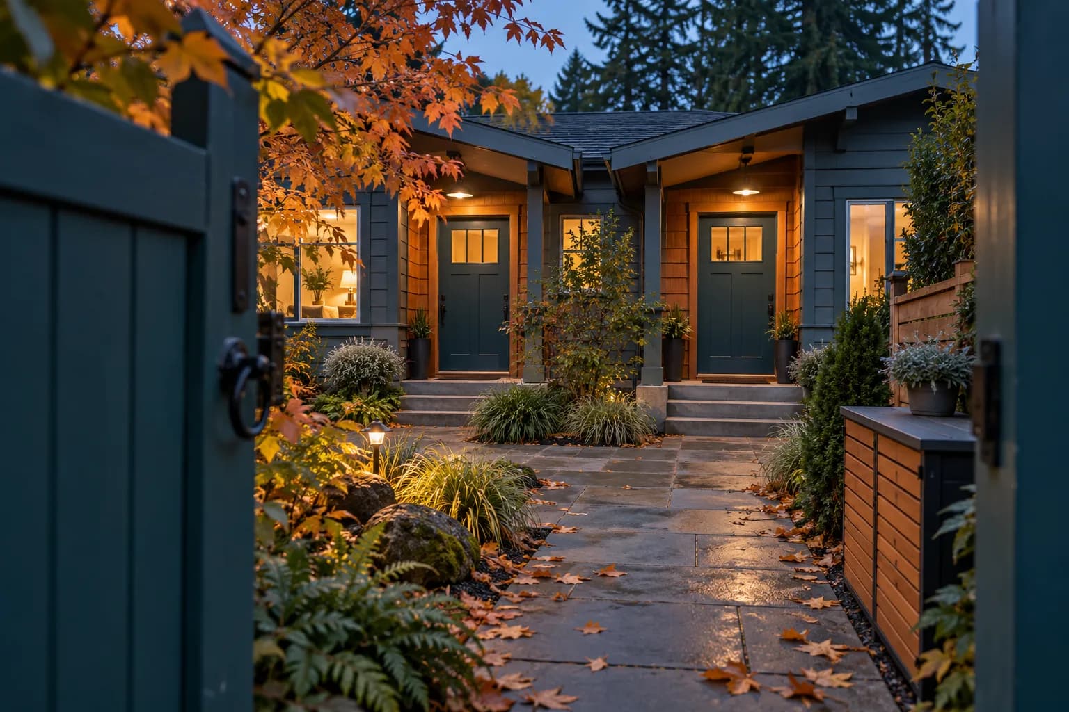 AI-generated illustrative duplex courtyard with teal gates and warm autumn lighting; not an actual Pillar-funded property