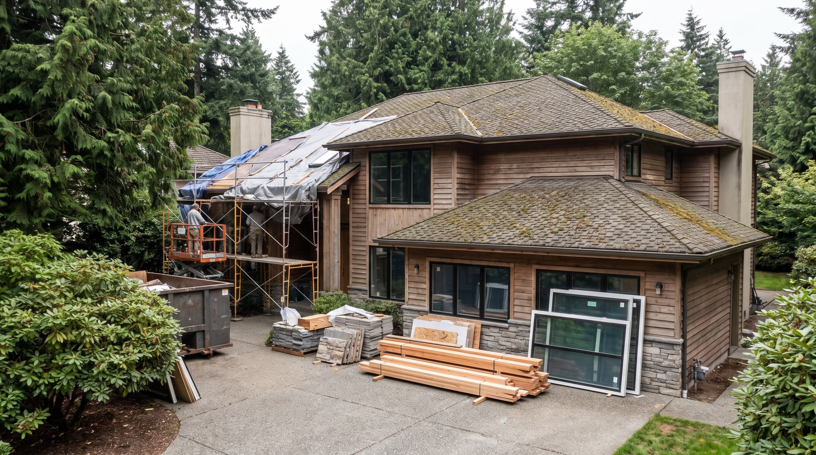Editorial representation of a single-family residence under renovation in a wooded Bellevue, WA setting