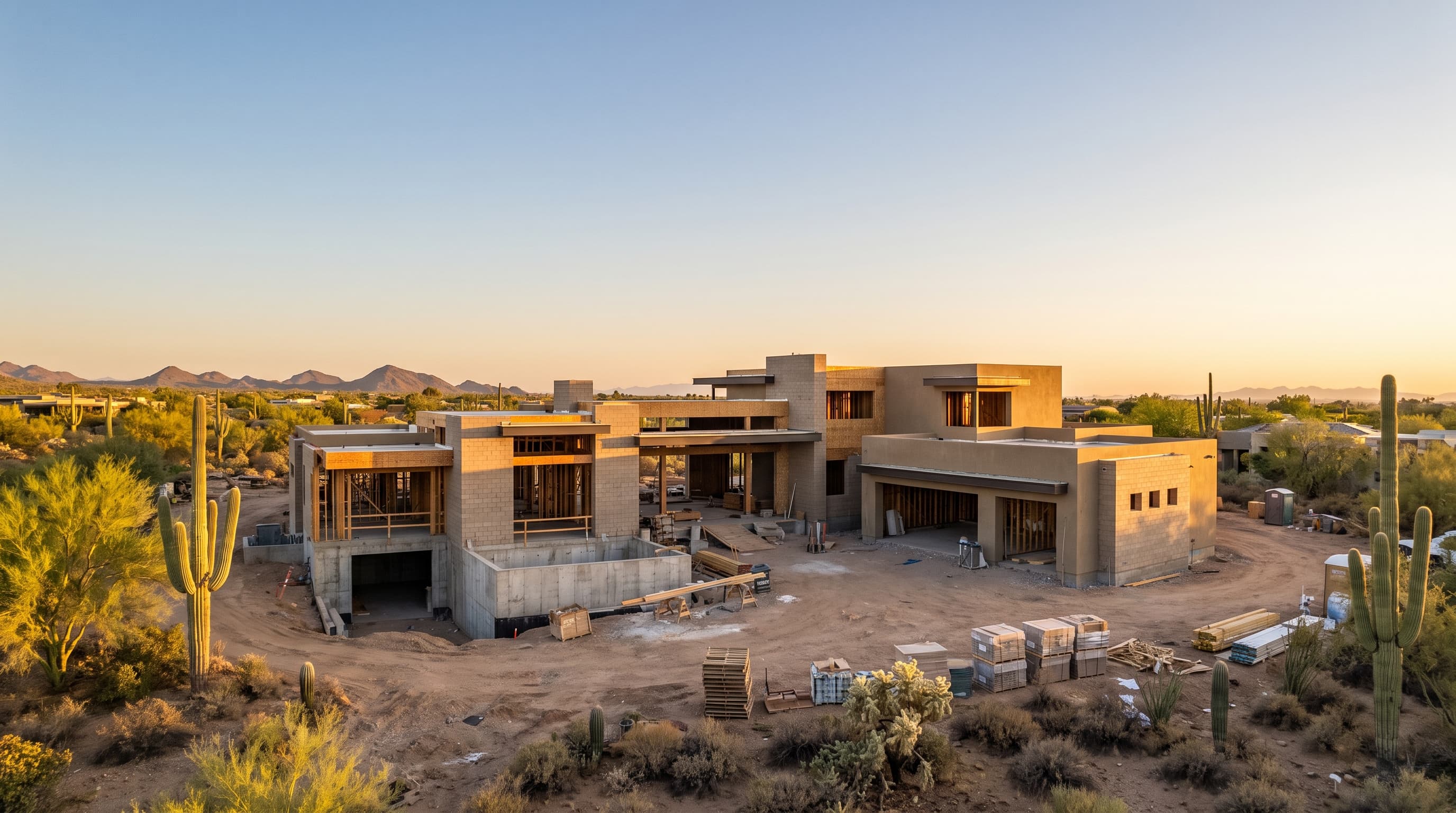 Editorial representation of a new-construction single-family residence at dusk in Phoenix, AZ
