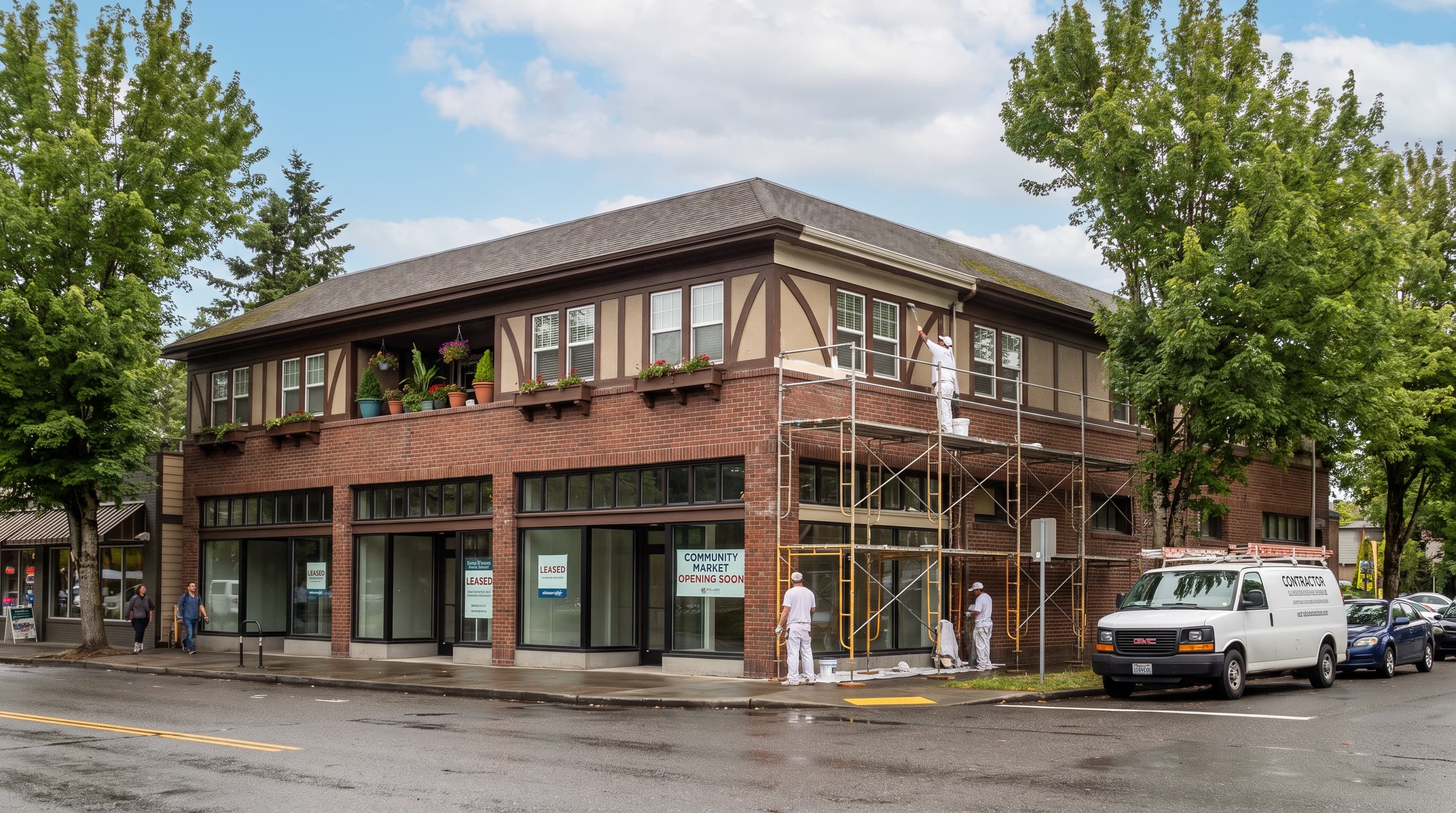 Editorial representation of a mixed-use commercial building with ground-floor retail in Renton, WA