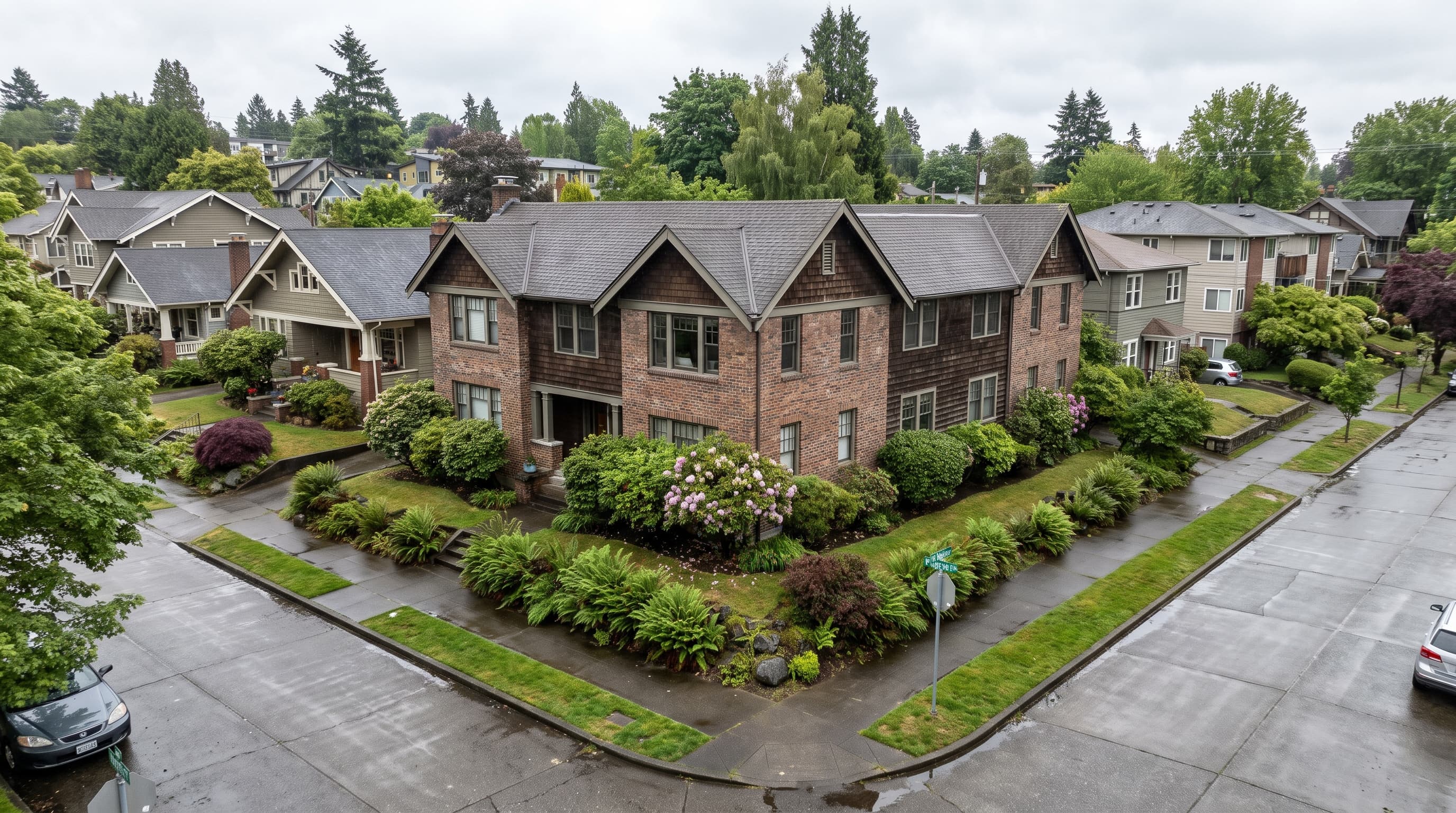 Editorial representation of a four-unit residential building on a tree-lined Seattle, WA street