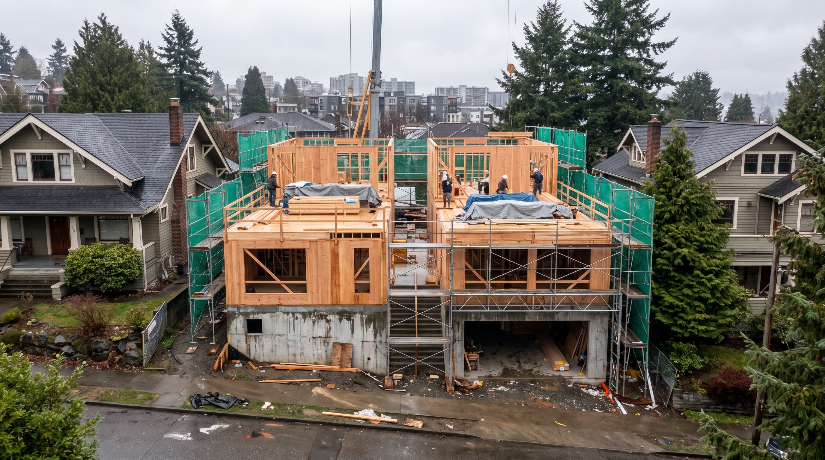 Editorial representation of a two-unit residential construction project mid-build in Seattle, WA