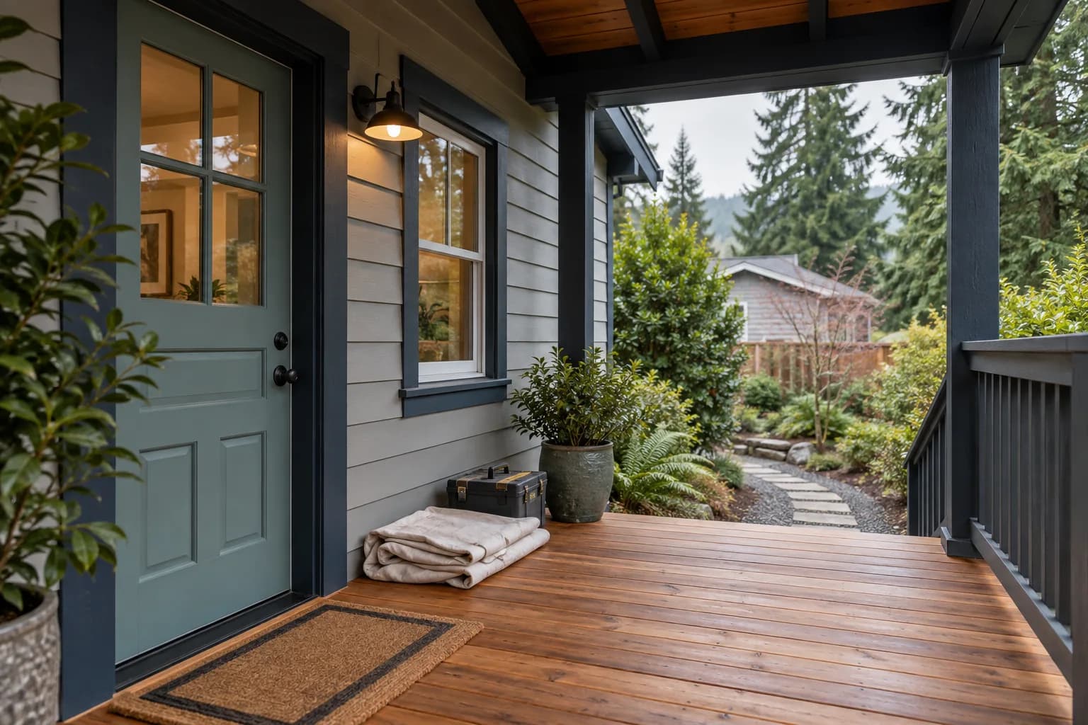 AI-generated illustrative renovated rental porch with a teal door, folded drop cloth and tool case; not an actual Pillar-funded property