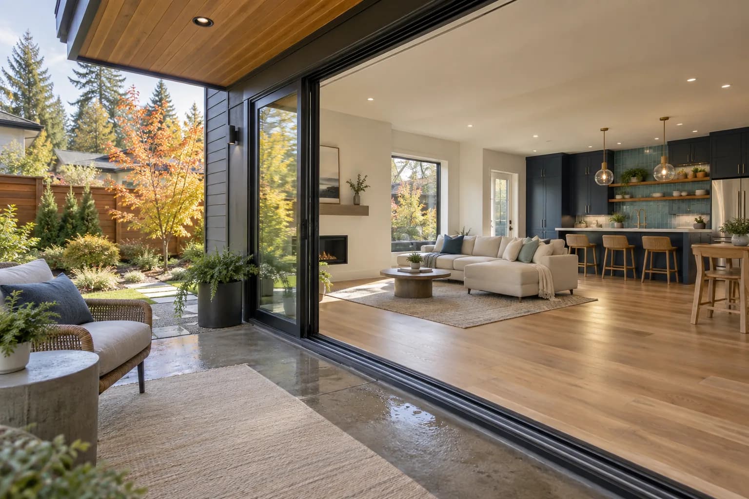 AI-generated illustrative completed Northwest home viewed from a cedar patio into a finished living area; not an actual Pillar-funded property