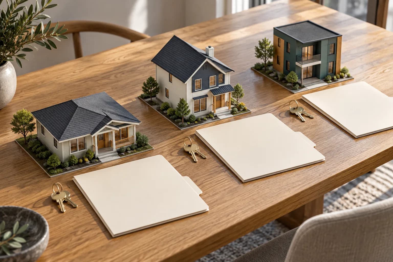 AI-generated illustration of three miniature house models with separate folders and keys; not actual Pillar-funded properties