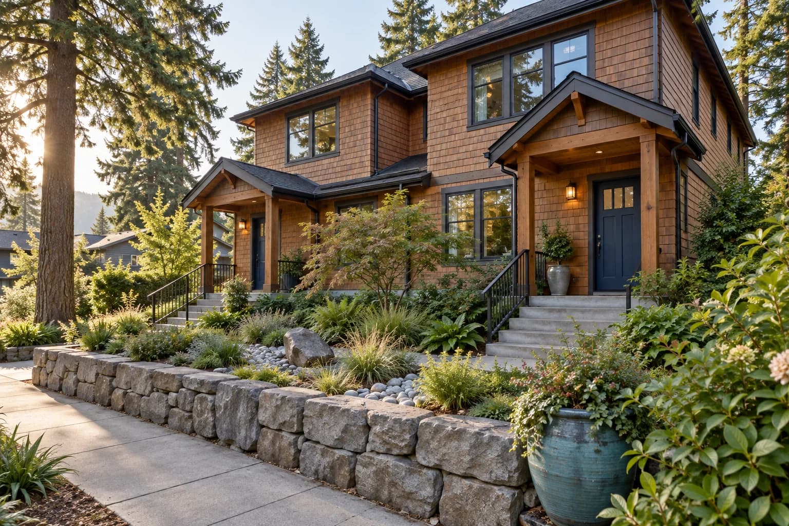 Illustrative Northwest duplex with cedar siding, navy doors, evergreen trees and a teal planter; not an actual financed property