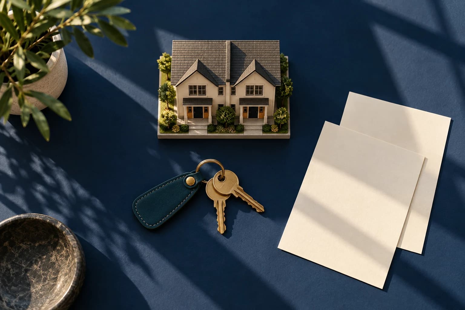 Editorial still life of a duplex model, brass house keys, and blank papers on a navy surface