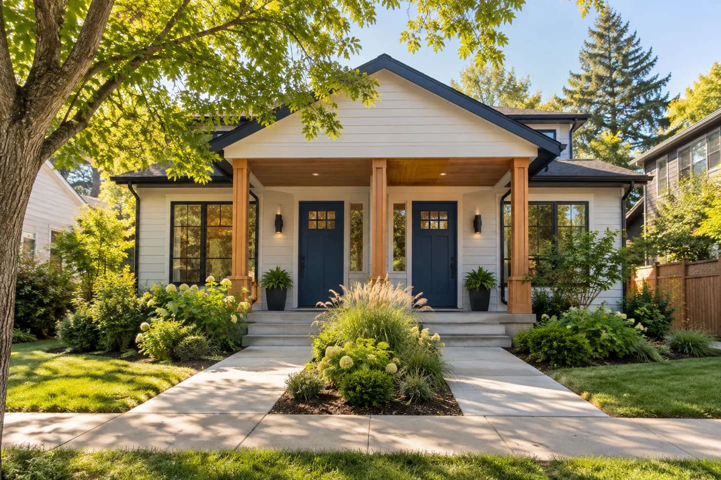 AI-generated illustrative duplex with navy doors and a sunny garden; not an actual Pillar-funded property