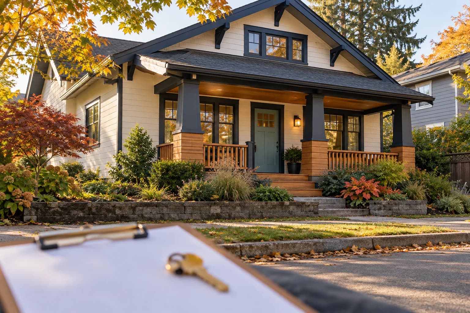 AI-generated illustration of a craftsman home with a blank clipboard and key in the foreground; not an actual Pillar-funded property