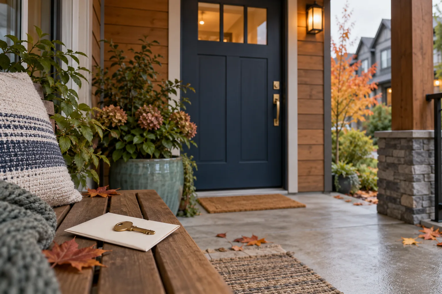 AI-generated illustration of a key on a porch bench beside a navy rental-home door in autumn; not an actual Pillar property