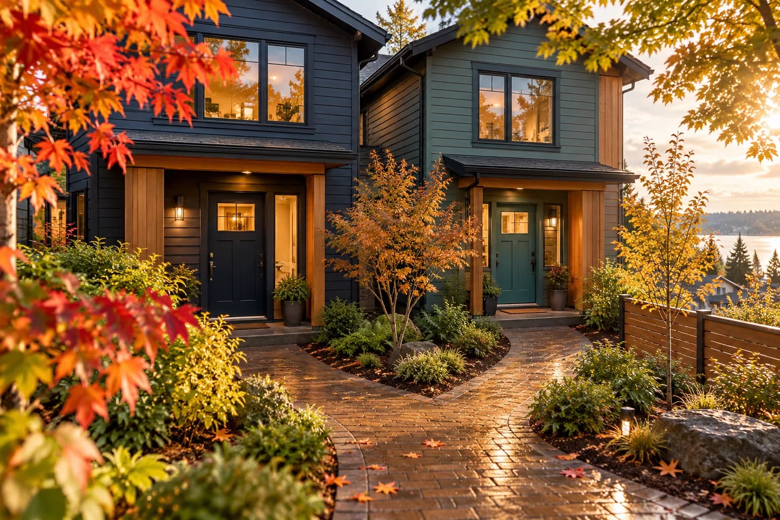 AI-generated illustration of two rental homes beside a branching autumn courtyard path; not actual Pillar-funded properties