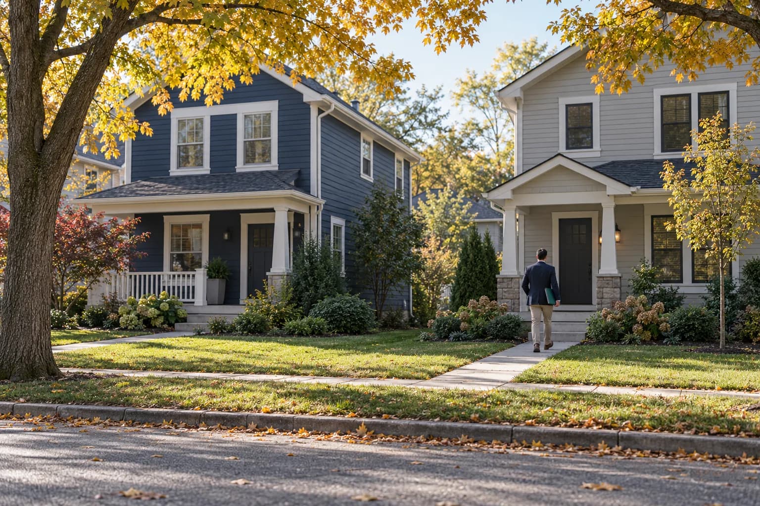 AI-generated illustration of a property professional approaching a fictional rental home on a leafy autumn street; not an actual Pillar client or funded property
