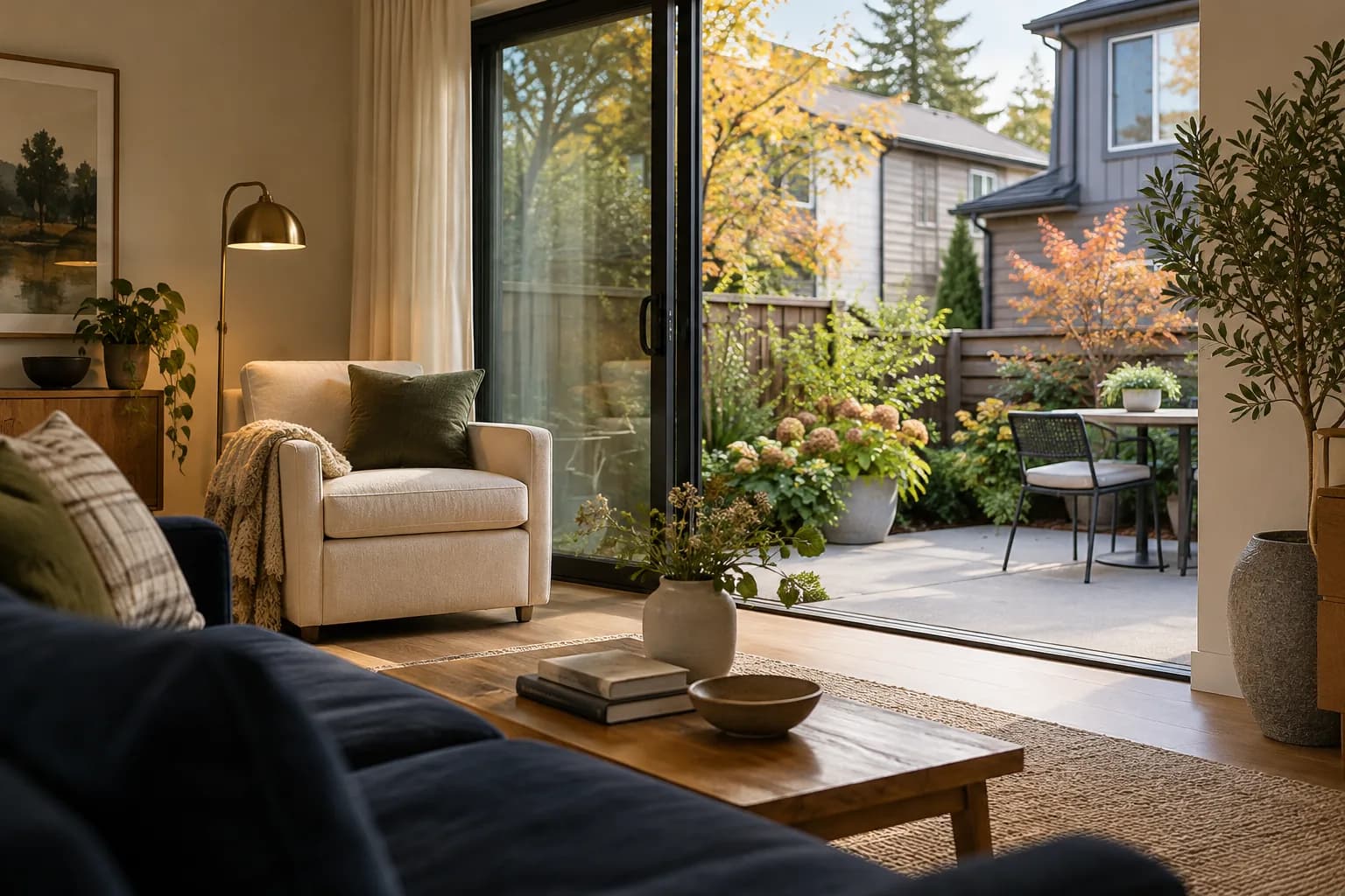AI-generated illustration of a townhouse living room opening onto an autumn courtyard; not an actual Pillar-funded property