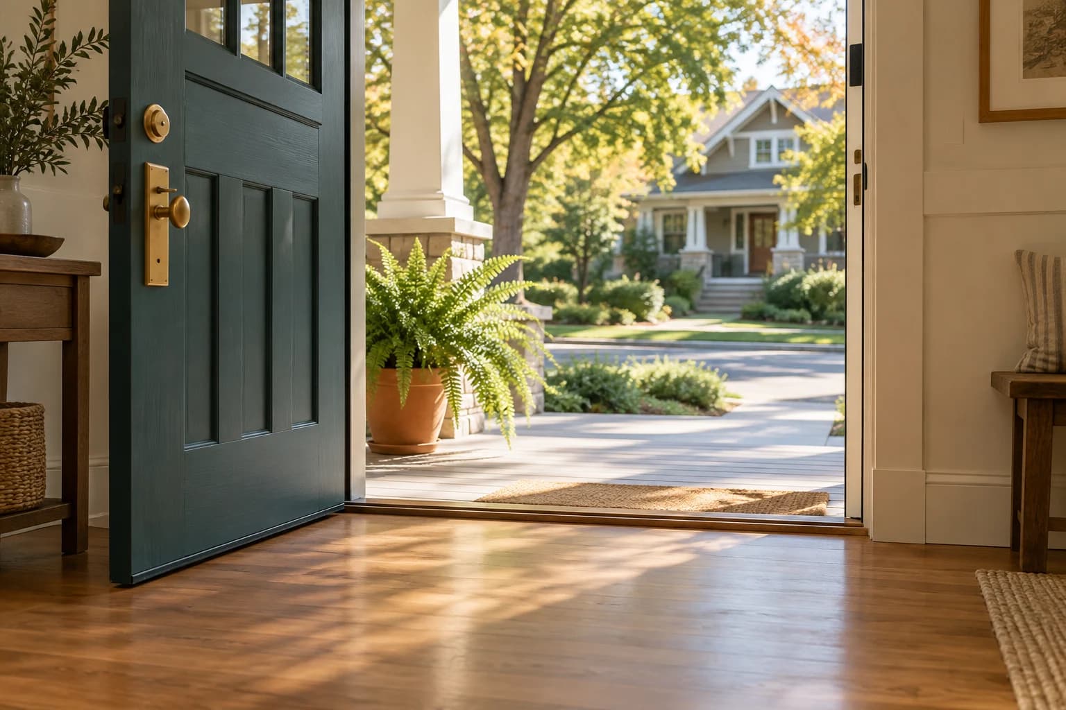 Illustrative view through an open teal front door toward a sunny porch and tree-lined neighborhood