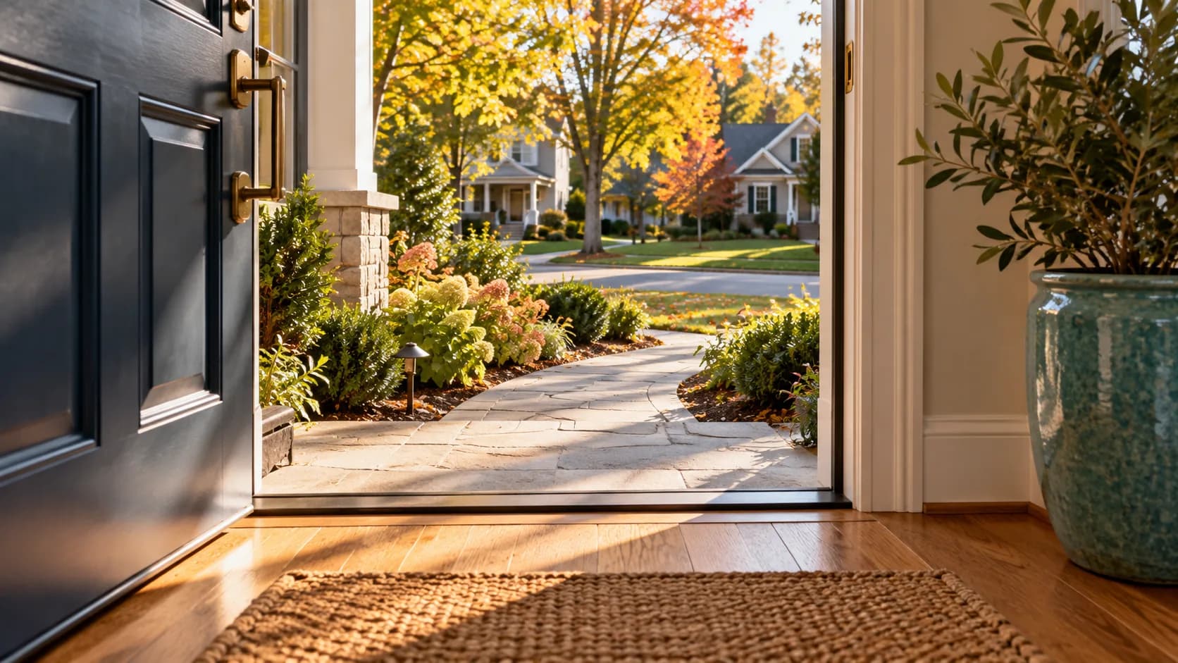 AI-generated illustration of an open navy doorway looking along a garden path toward a fictional residential street; not an actual Pillar-funded property