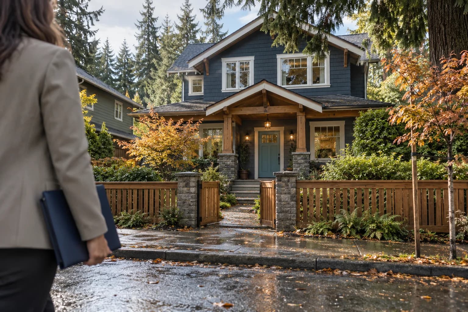 AI-generated illustrative Northwest craftsman house with a property professional approaching the gate; not an actual Pillar-funded property