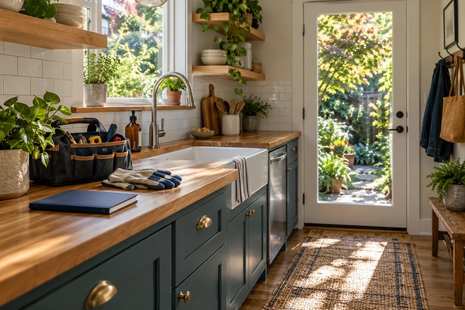 AI-generated illustrative rental kitchen with teal cabinets, maintenance tools and a notebook; not an actual Pillar-funded property