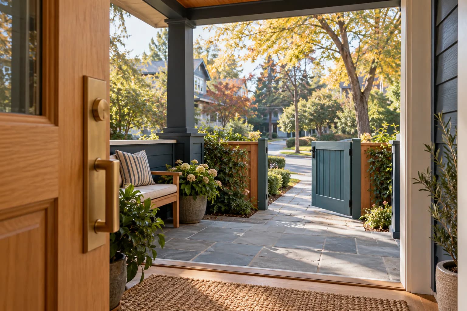 AI-generated illustration looking from a finished rental home's doorway toward an open garden gate; not an actual Pillar-funded property