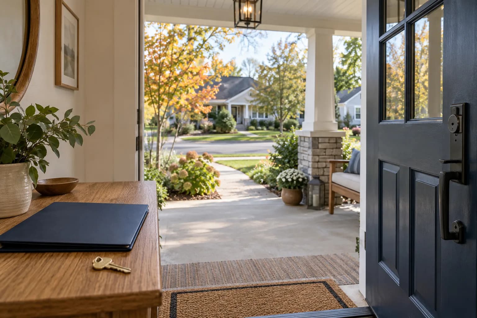 AI-generated illustration of an open navy front door, a house key and an autumn neighborhood; not an actual Pillar-funded property