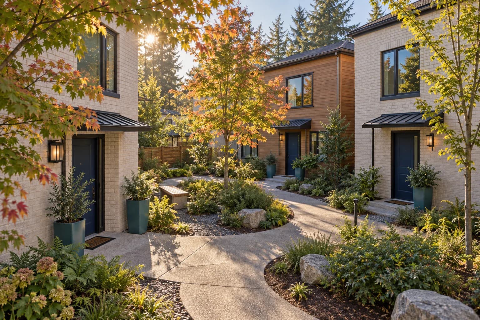 AI-generated illustrative townhome courtyard with navy doors, teal planters and autumn trees; not actual Pillar-funded properties
