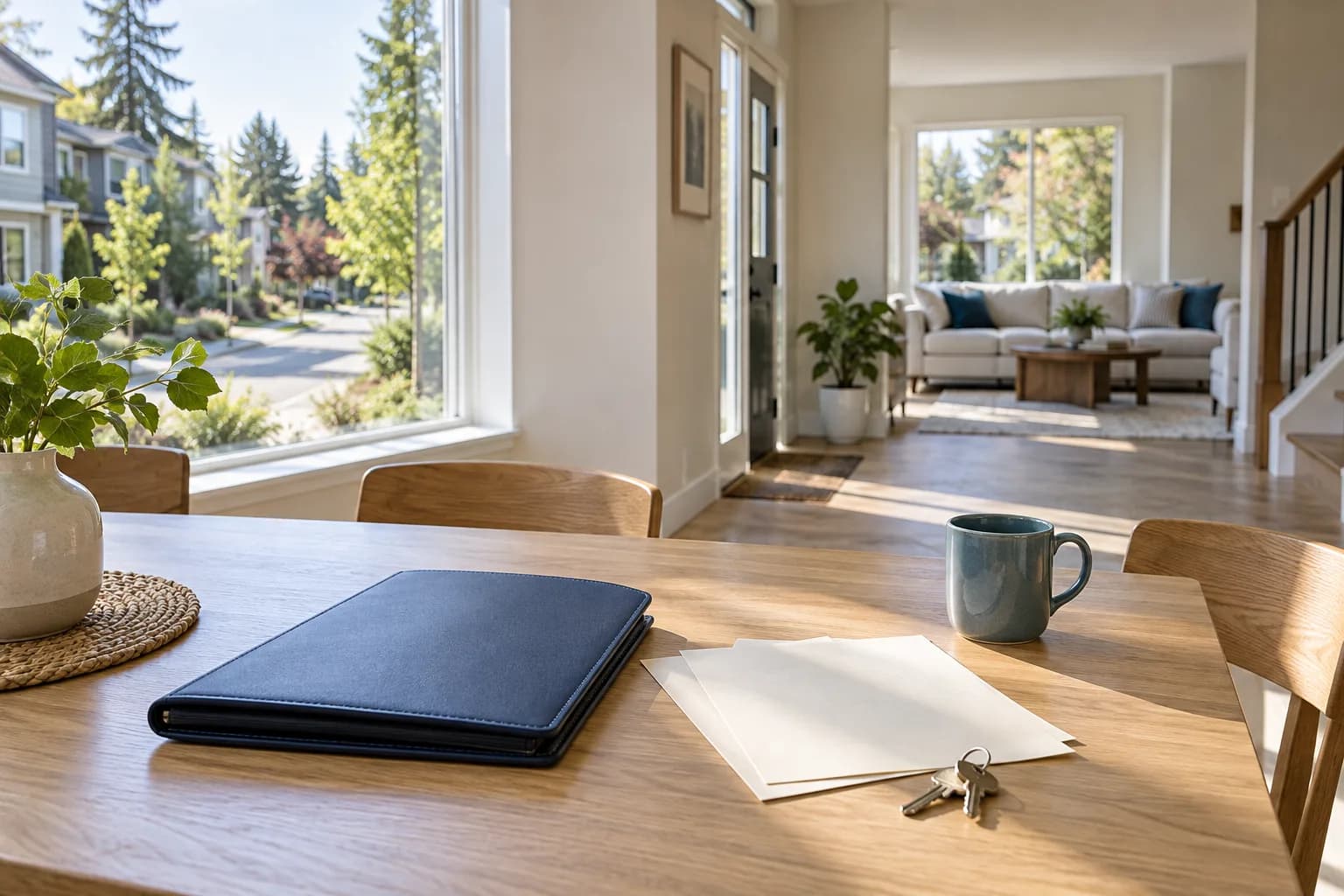 AI-generated illustrative rental interior with a navy document folder, blank papers, house keys and a teal mug; not an actual Pillar property