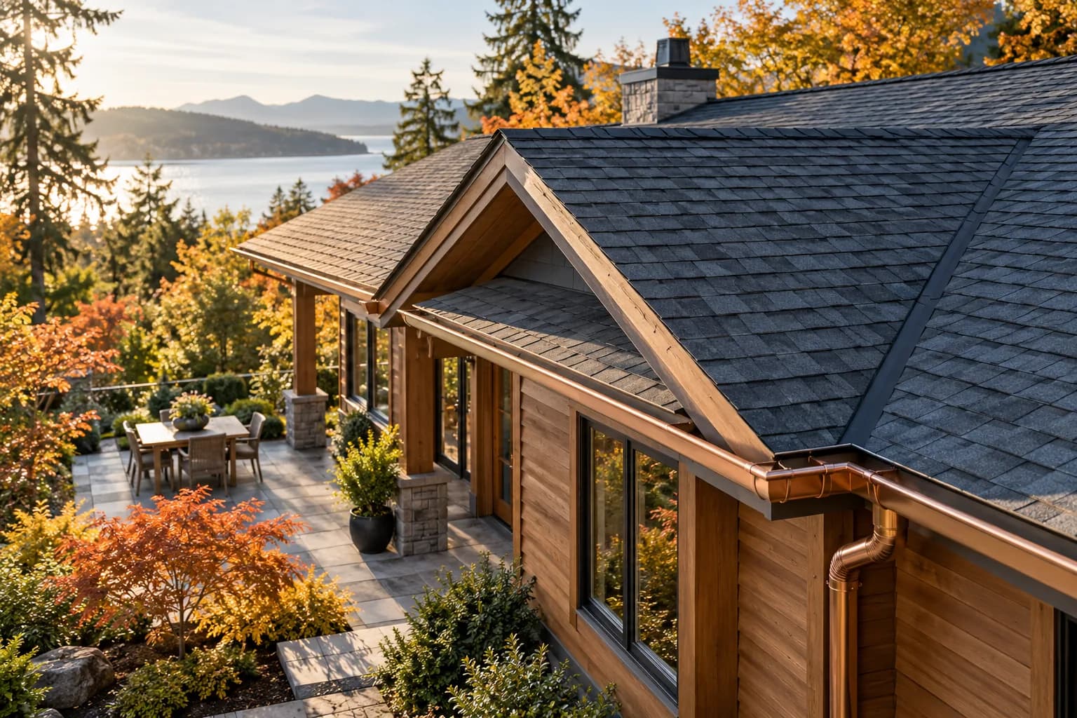 AI-generated illustration of a cedar-sided home with a charcoal shingle roof and autumn trees; not an actual Pillar-funded property