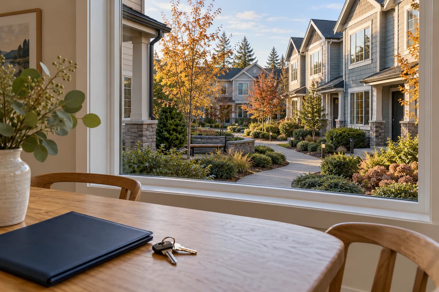 AI-generated illustration of a document folder and keys beside a window overlooking a fictional townhouse courtyard; not an actual Pillar-funded property