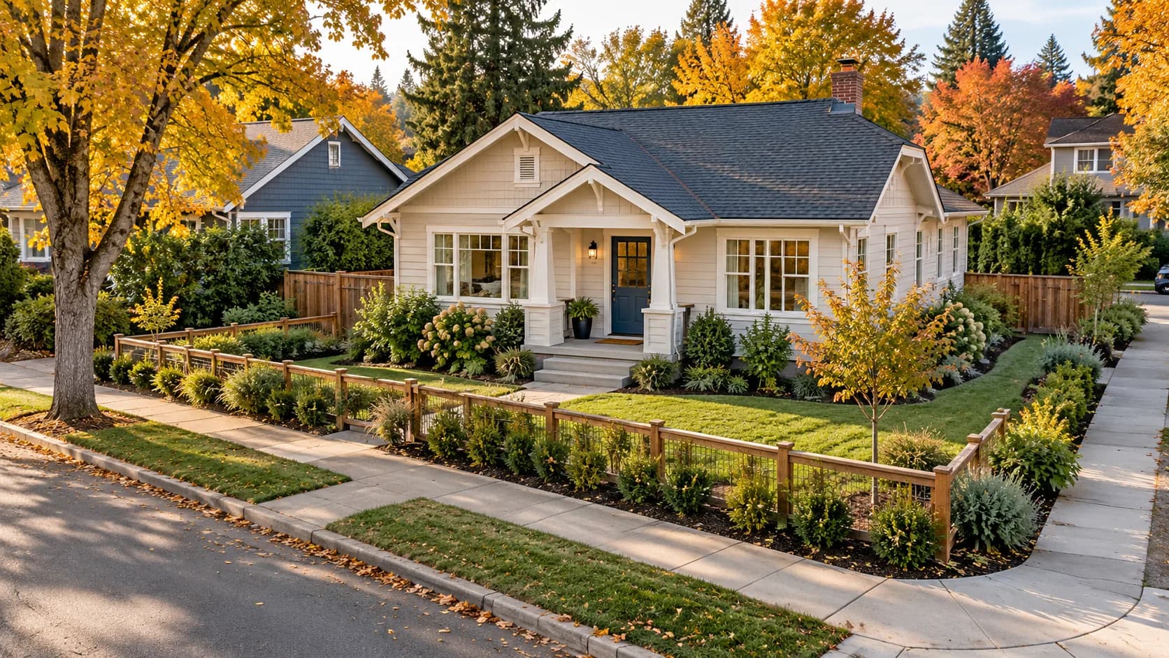 AI-generated illustration of a fictional cream bungalow with a fenced garden on an autumn corner lot; not an actual Pillar-funded property