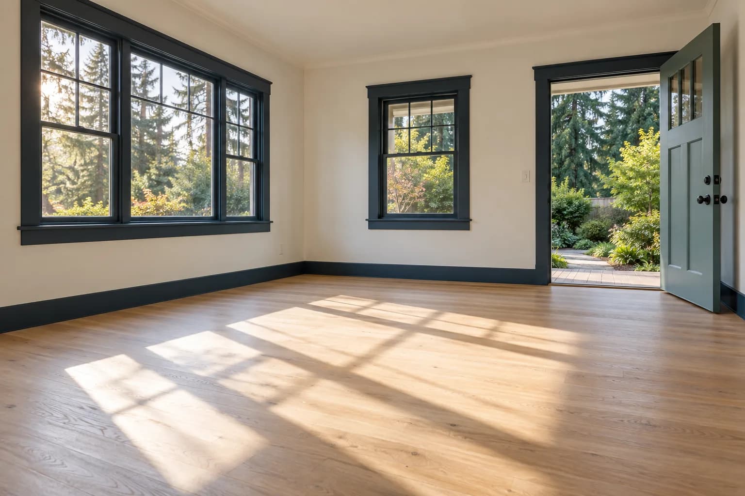 AI-generated illustrative empty rental living room with an open doorway and garden view; not an actual Pillar-funded property