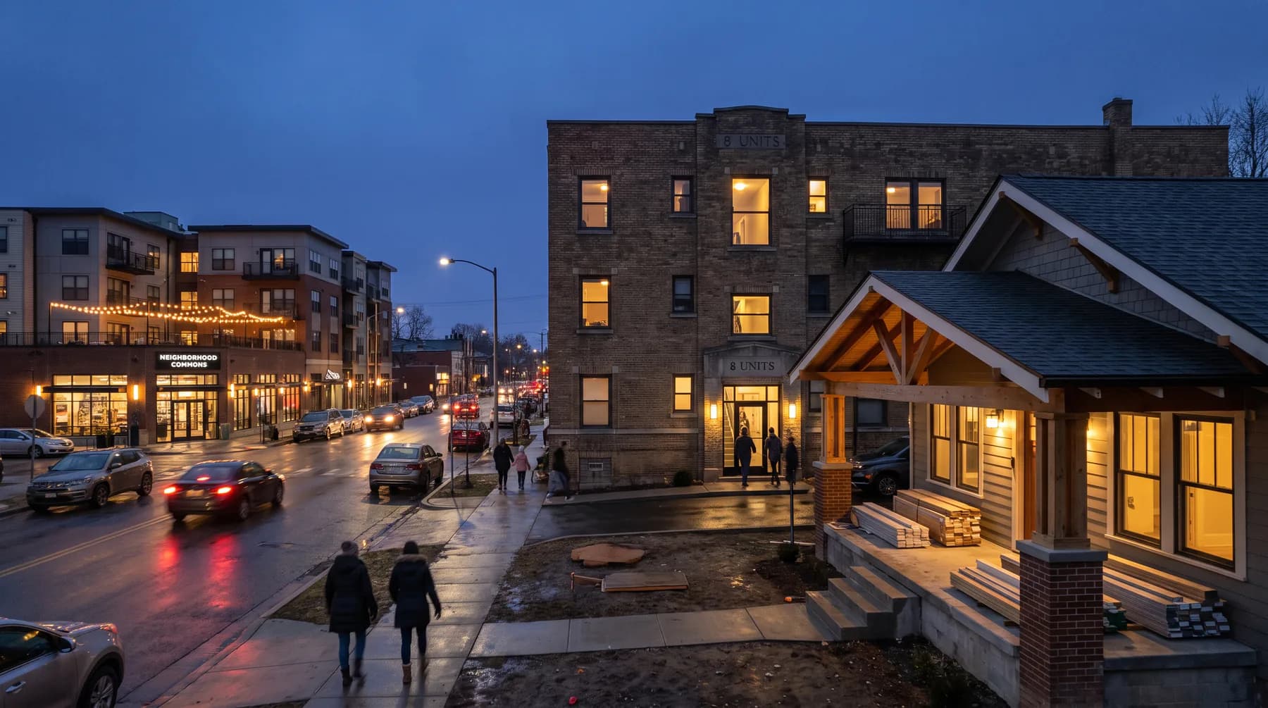 Varied residential and multifamily investment properties at dusk