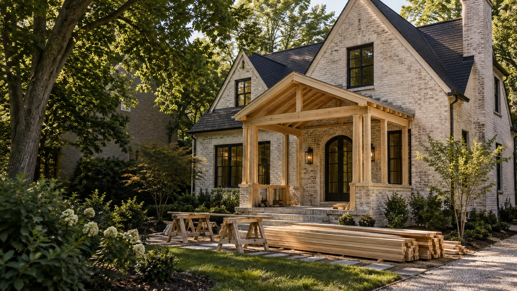 Illustrative residential renovation with brickwork and a new porch