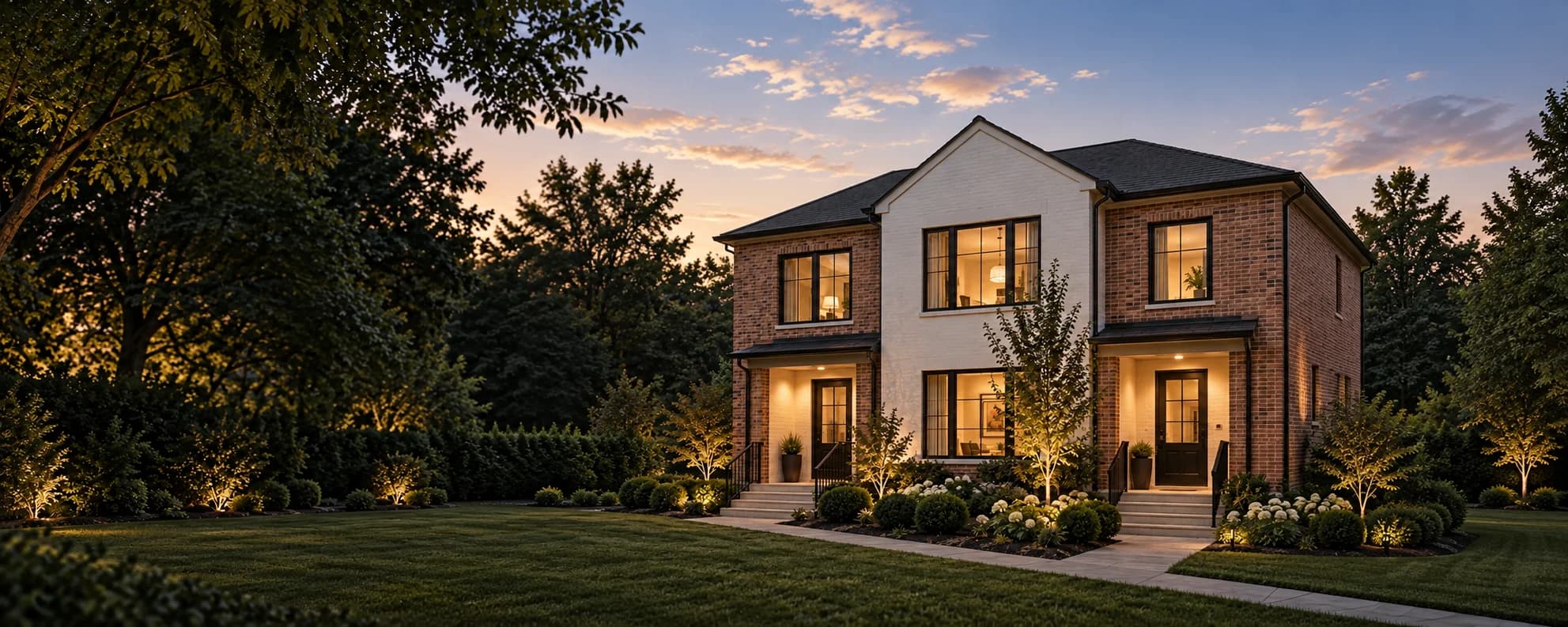 Illustrative brick duplex with warm interiors and landscaped entrances