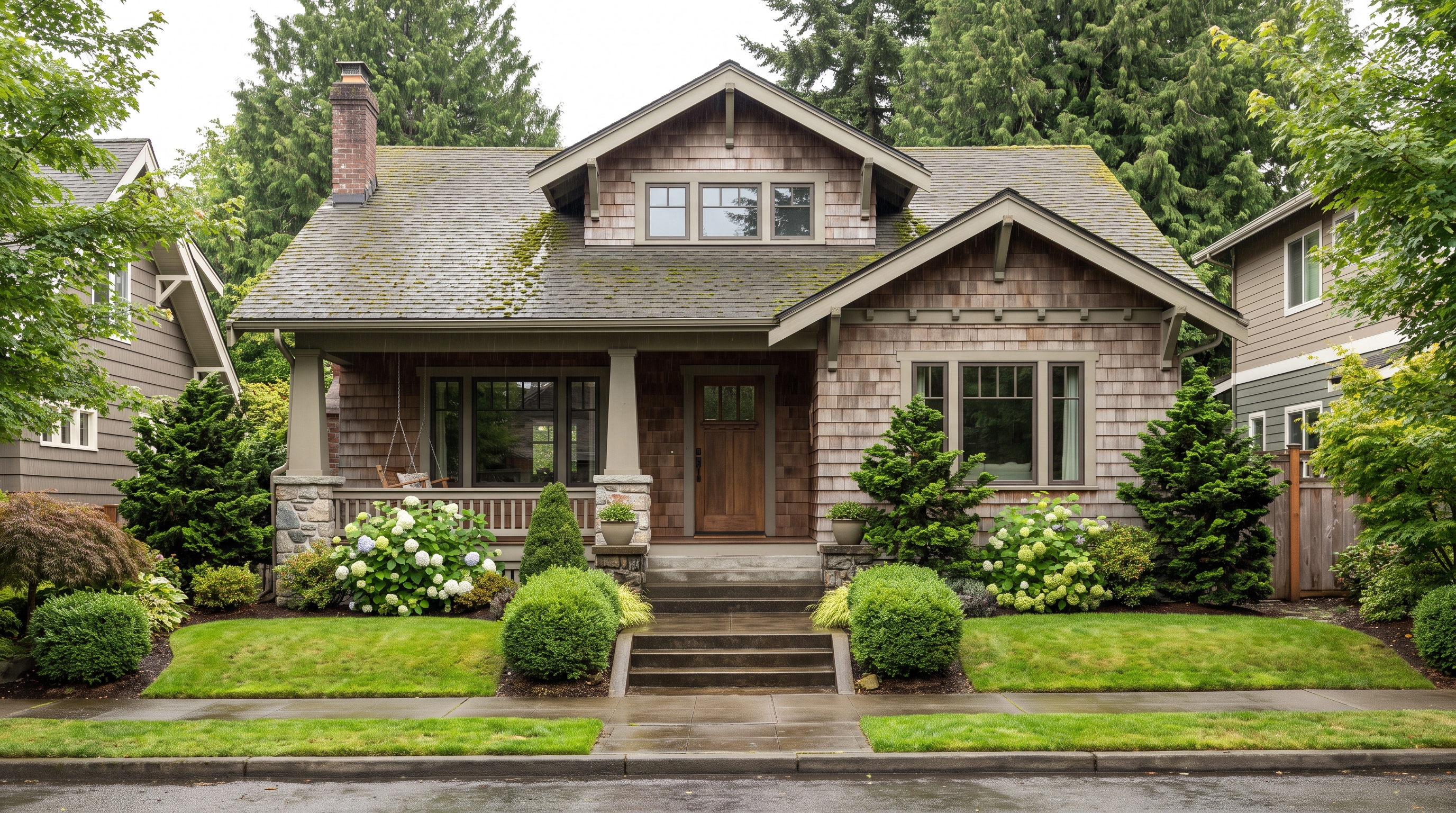 Representative Northwest Craftsman home with evergreens.